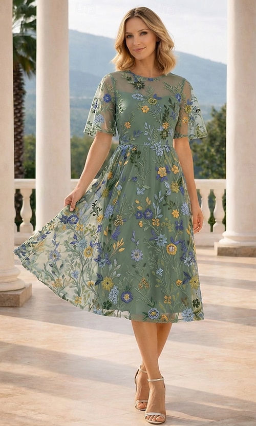 A-Line Tea Length Shirt Dress Formal Dresses Mother of the Bride Dress Short Sleeve Crew Neck Elegant Vintage Pastel Formal Chiffon Tulle with Floral A-Line Tea Length Shirt Dress Formal Dresses Mother of the Bride Dress Short Sleeve Crew Neck Elegant Vintage Pastel Formal Chiffon Tulle with Floral