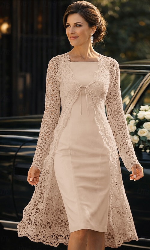 chiffon tea length straight neckline wedding dress June Bridals Tea-Length A-Line Bateau Neck Illusion Sleeve Bowed Tulle Summer Wedding Dress Destination Simple Casual Vintage Elegant
