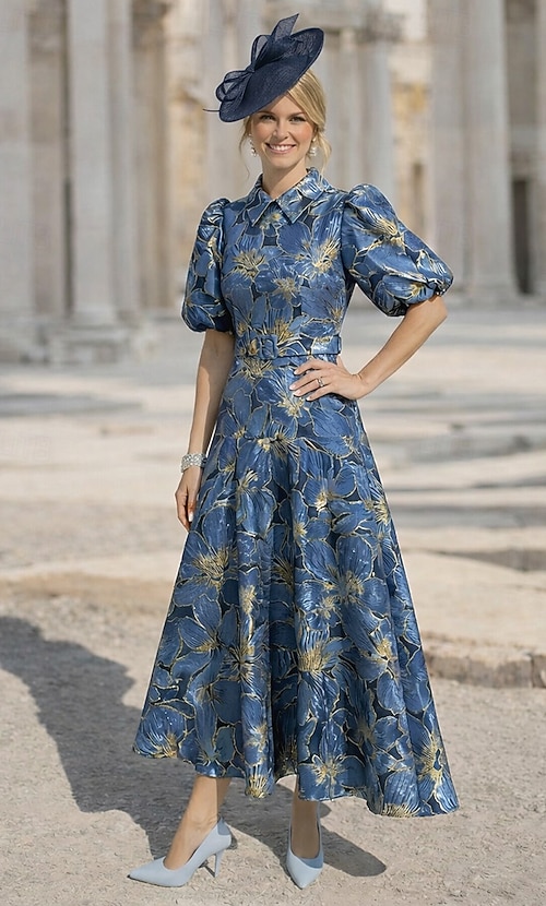 ankle length dress formal A-Line Ankle Length Tea Length Wedding Guest Dress Formal Dresses Evening  Gown Mother of the Bride Dress Short Sleeve Half Sleeve Shirt Collar  Elegant Vintage Simple Formal Kentucky Derby Jacquard 2026 -