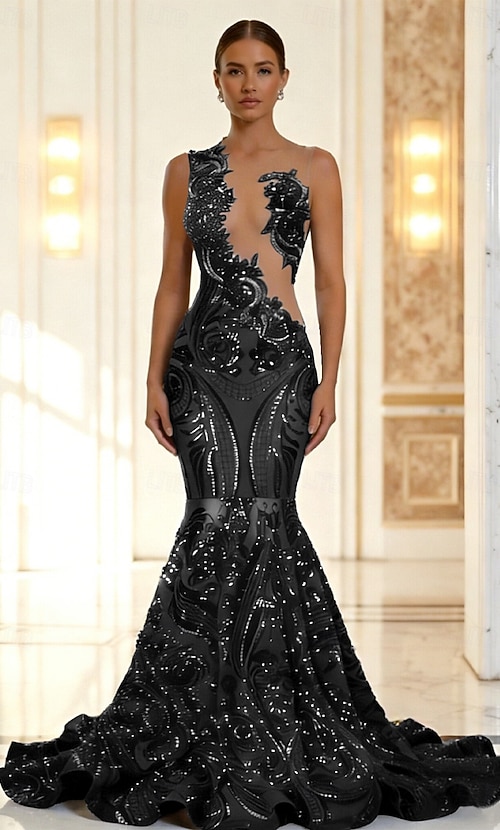 Mermaid Trumpet Court Train Prom Dresses Evening Gown Ball Gown Formal Dress  Elegant Party Sleeveless Jewel Neck Prom Engagement African American  Sequined with Sequin Appliques 2026 - $275.69