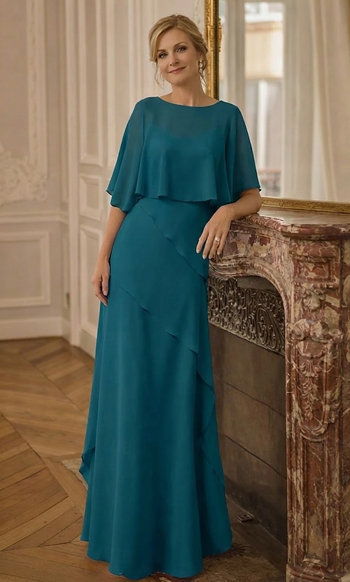 A-Line Floor Length Wedding Guest Dress Formal Dresses Tiered Dress Mother  of the Bride Dress Half Sleeve Crew Neck Elegant Wedding Guest Engagement  Party Chiffon with Cascading Ruffles 2026 - $167.99