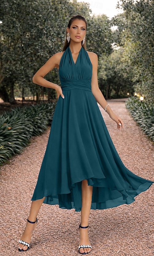 A-Line Wedding Guest Dresses Elegant Dress Formal Wedding Party Tea Length  Sleeveless One Shoulder Fall Wedding Guest Chiffon with Ruched 2026 -  $115.99