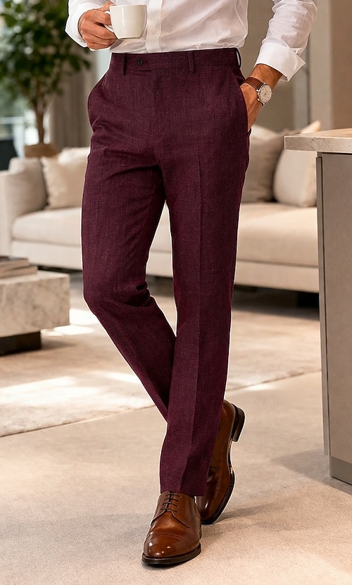 Men's Cotton Linen Dress Pants Casual Pants Business Wedding Vintage  Classic & Timeless Formal Burgundy Dark Green Spring & Summer Pants Solid  Color Slim Fit Long Inelastic 2026 - JP 4834