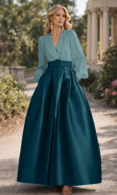 A-Line Floor Length Evening Gown High Split Mother Of The Bride Long Sleeve  V Neck Formal Wedding Guest Belt / Sash Satin with Pleats Slit 2026 - CAD  $250.99