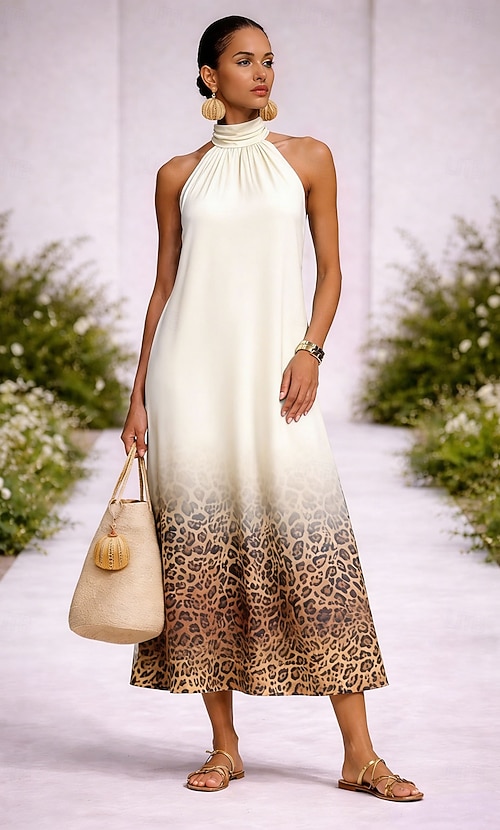 Women's Knee Length Dress Casual Dress Chiffon Dress Swing Dress Boho Chic  Dresses Bohemia Vacation Tropical Beach Holiday Date Regular Fit Ombre  Graphic Leopard Sleeveless Halter Neck Blue White 2026 - $39.99