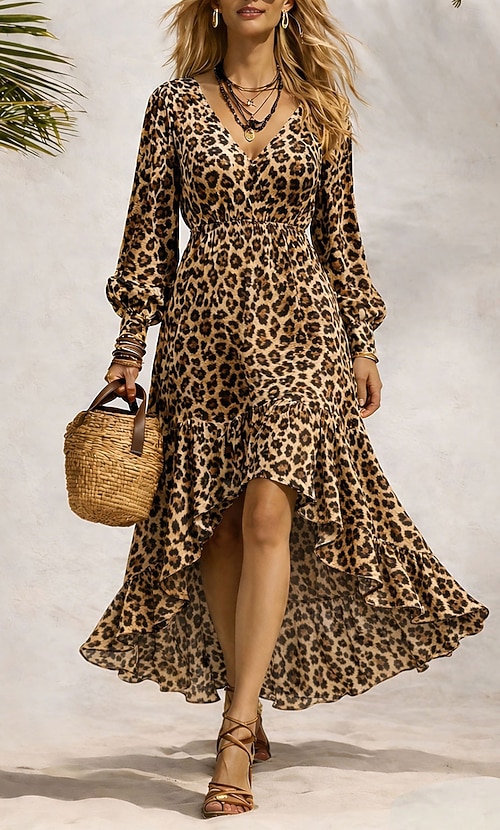Women's Maxi Dress Pleated Dress Fit And Flare Dress Birthday Casual Formal Date Regular Fit Graphic Leopard Long Sleeve V Neck White Purple Green