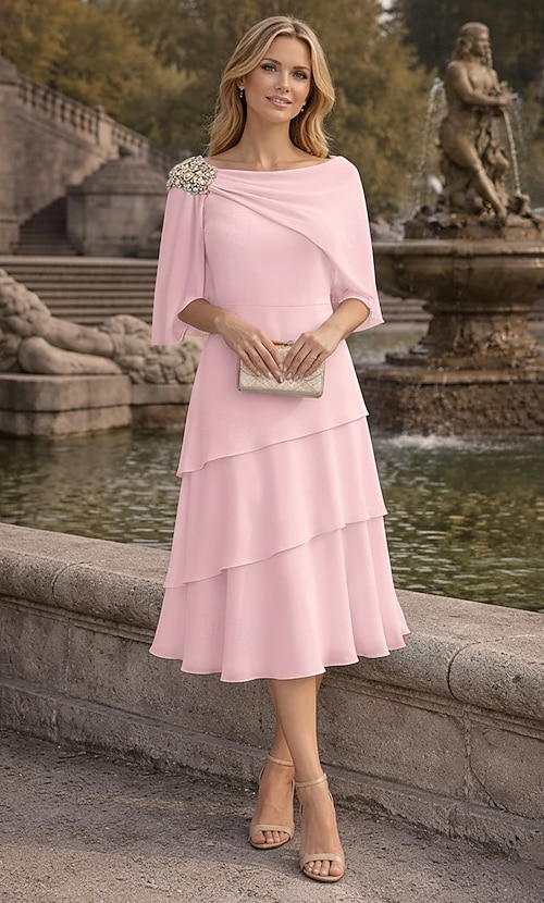 tea length pink mother of the bride dress A-Line/Princess Scoop Printed Satin Mother of the Bride Dresses with Bowknot Asymmetrical Ankle-Length Short Sleeves, Pink