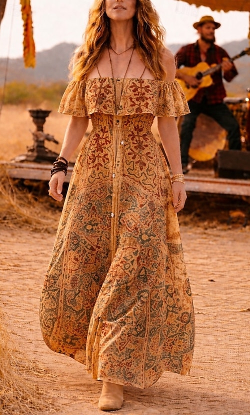 country chic maxi dress Njagoc3 Womens Prairie - Style Maxi Dress, Long Sleeves, Solid Color for Summer Outdoor Weddings & Rustic Gatherings