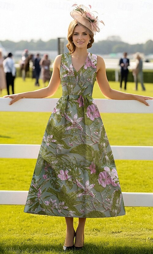 cocktail dresses for kentucky derby A-Line Ankle Length Tea Length Derby Dress Cocktail Dresses Elegant Vintage  Sleeveless V Neck Formal Kentucky Derby Pocket Jacquard with Pleats 2026