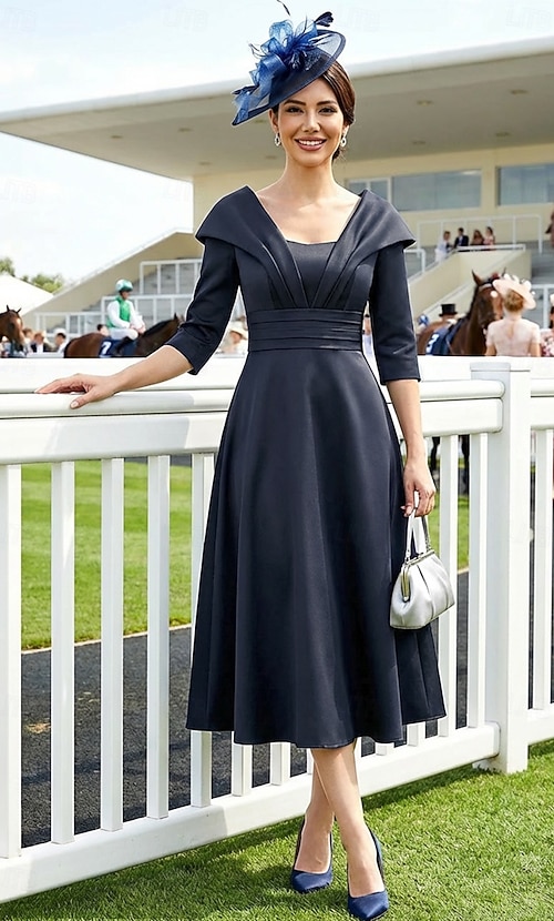 minimalist party dress A-Line Tea Length Party Dress Cocktail Dress Wedding Guest Dress Mother of  the Bride Dress Half Sleeve Lapel Elegant Minimalist Formal Wedding Guest  Satin with Solid Color 2026