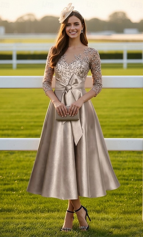 A-Line Tea Length Party Dress Cocktail Dress Wedding Guest Dress Mother of  the Bride Dress Half Sleeve Scoop Neck Elegant Party Wedding Guest Satin  Lace with Bow(s) Appliques 2026