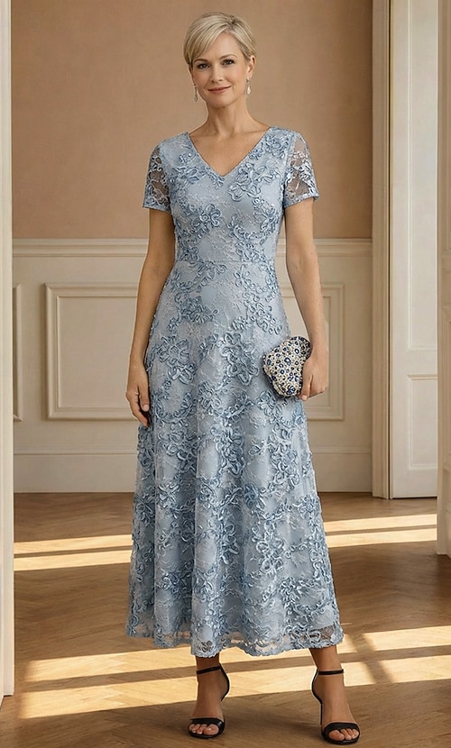 A-Line Dress Floor Length Ankle Length Cocktail Dress Wedding Guest Dress Mother of the Bride Dress Short Sleeve V Neck Elegant Casual Formal Wedding Guest Semi Formal Lace with 3D Flowers Embroidery A-Line Dress Floor Length Ankle Length Cocktail Dress Wedding Guest Dress Mother of the Bride Dress Short Sleeve V Neck Elegant Casual Formal Wedding Guest Semi Formal Lace with 3D Flowers Embroidery