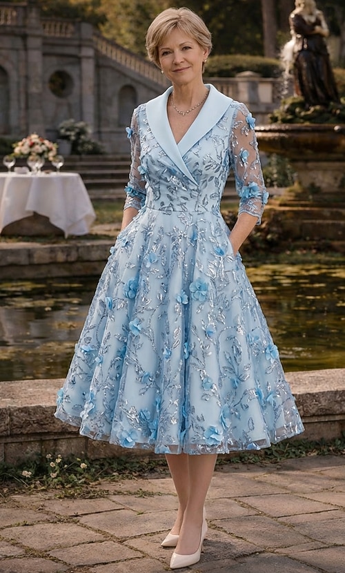 elegant tea length mother of the bride dresses A-line Tea Length Leaf Print Mother of the Bride Dress with Long Sleeves  Twisted knot S5121M - Mother of the Bride Dresses