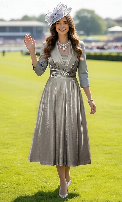 Two Piece A-Line Tea Length Wedding Guest Dress Mother of the Bride Dress  3/4 Length Sleeve Square Neck Elegant Vintage Plus Size Wedding Guest Jacket  Dresses with Ruching 2026 - $172.99