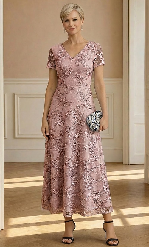 ankle length dresses for wedding guest A-Line Party Dress Cocktail Dress Dress Mother of the Bride Dress Short Sleeve Cowl Neck Plus Size Wedding Guest Satin with Crystals 2026 V Neck Sleeve Length Women's Wedding Guest Dresses &
