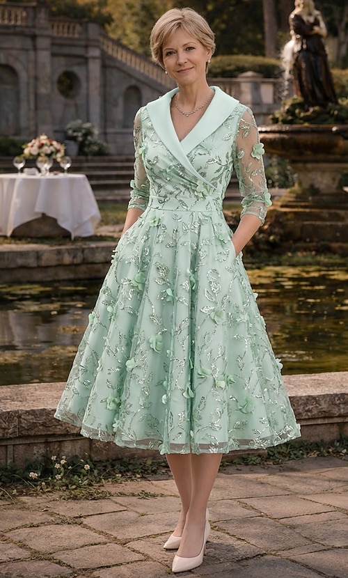 elegant tea length mother of the bride dresses A-line Tea Length Leaf Print Mother of the Bride Dress with Long Sleeves  Twisted knot S5121M - Mother of the Bride Dresses