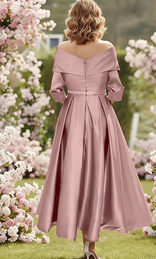a line tea length dress Ivory Tea Length Off Shoulder Short Wedding Dresses SW517