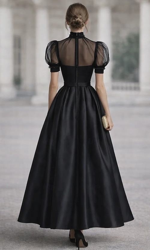 retro semi formal dresses A-Line Ankle Length Cocktail Elegant Vintage Short Sleeve High Neck Garden Party Wedding Pocket Satin Tulle with Pleats 2026 Le Lis