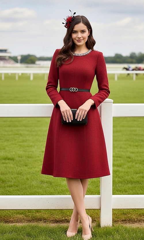 A-Line Knee Length Party Dress Cocktail Dress Wedding Guest Dress Mother of the Bride Dress Long Sleeve Crew Neck Elegant Vintage Party Formal with