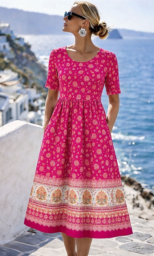 ladies midi shift dresses Women's Midi Dress Shift Dress Vacation Vintage Casual Regular Fit Floral Graphic Bohemian Short Sleeve Crew Neck Blue Yellow Pink Summer Spring
