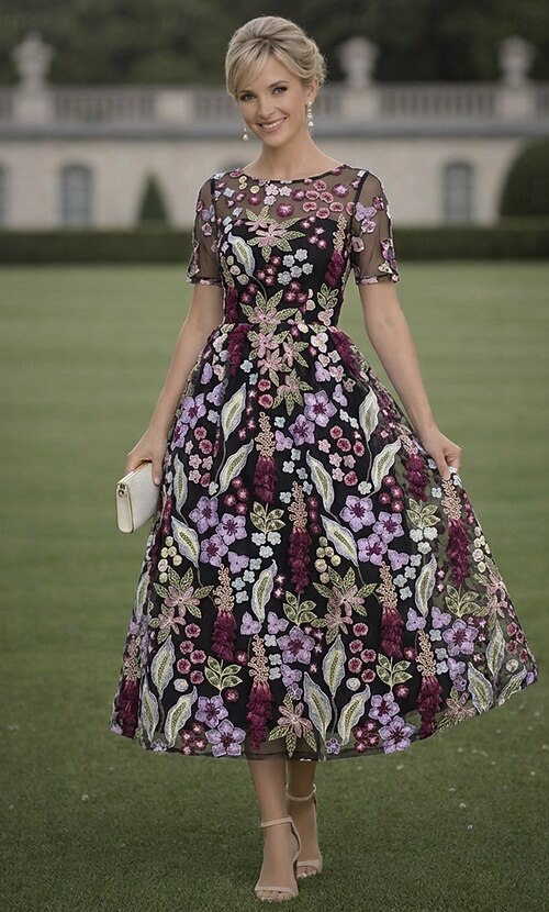 A-Line Dress Ankle Length Tea Length Cocktail Dress Wedding Guest Dress Mother of the Bride Dress Short Sleeve Half Sleeve Crew Neck Elegant Casual Wedding Guest Semi Formal Lace with 3D Flowers