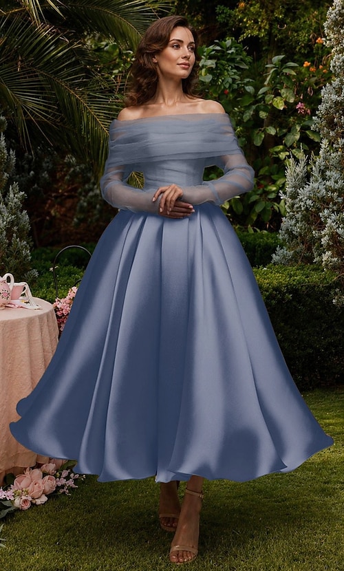 Ball Gown A-Line Ankle Length Cocktail Dresses Party Dresses Elegant  Vintage Long Sleeve Off Shoulder Wedding Formal Detachable Satin with Shawl  2026 - $149.99