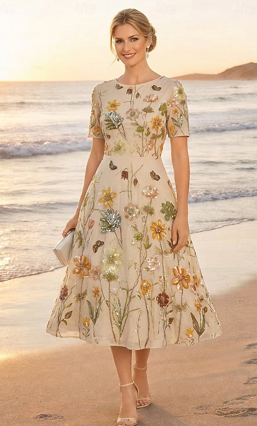A-Line Ankle Length Tea Length Floral Dress Cocktail Dresses Elegant  Vintage Glittering Short Sleeve Crew Neck Garden Party Wedding Pocket Satin  Cotton Blend with Embroidered Flower Pleats Sequin 2026 - $182.99