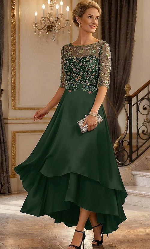 asymmetrical boat neck dress Elegant A-Line Boat Neck Printed Flower Asymmetrical Mother of the Bride & Groom Dresses Olive Green & Floral