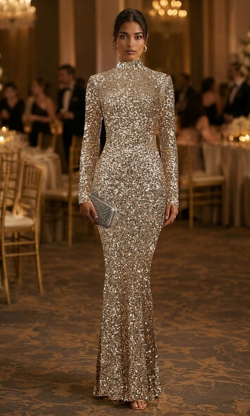 gold sequin dress celebrity Mermaid Trumpet Floor Length Evening Gown Elegant Glittering Style Long Sleeve High Neck Garden Party Wedding Sequined with Glitter 2026 bb-x-gabi