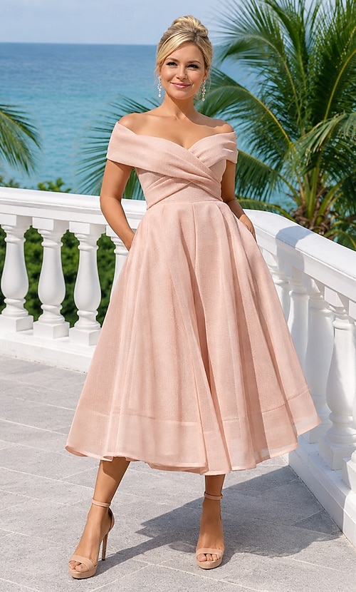 vintage a line cocktail dress A-Line Tea Length Dresses Party Dresses 1950s Sleeveless Off Shoulder Wedding Guest Tulle with Pleats 2026 Size:AU 16 square neckline and a Lace Floor Length Prom Dress Summer Yellow Floral Print
