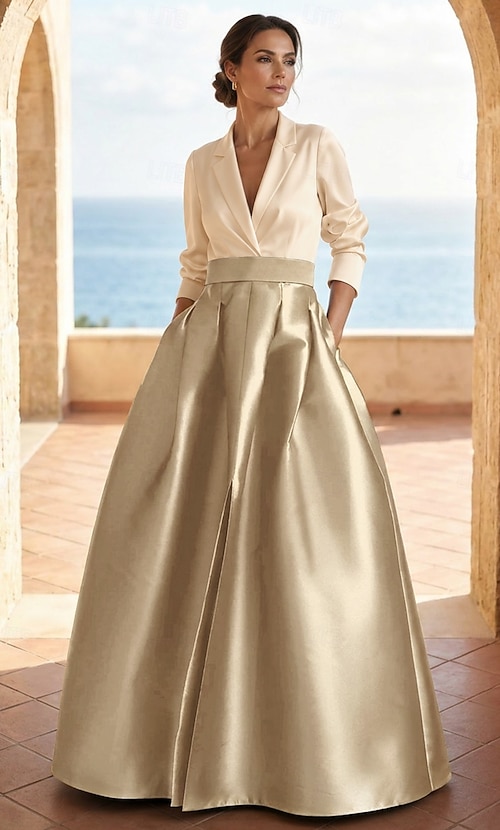 beige black tie dress A-Line Floor Length Evening Gown Ball Gown Formal Dress Elegant Party Color  Block Long Sleeve V Neck Wedding Black Tie Fall Wedding Guest Satin Stretch  Fabric with Ruched Pocket 2026