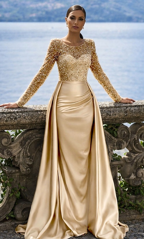 Mermaid Trumpet Floor Length Evening Gown Elegant Sparkle & Shine Long Sleeve Illusion Neck Carnival Masquerade Champagne Mother Of the Bride Dress Satin Sequined with Pearls Overskirt 2026