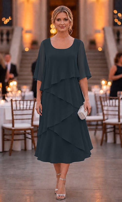scoop neck holiday dress Sheath Column Tea Length Party Cocktail Dress Wedding Guest Dress Mother of the Bride Dress Half Sleeve Elegant Formal Chiffon with Ruffles 2026 Color Code_DBL02