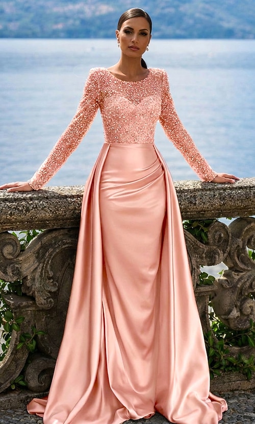 long sleeve champagne mermaid dress Gorgeous Long Sleeves Champagne Mermaid Prom Dress High Neck