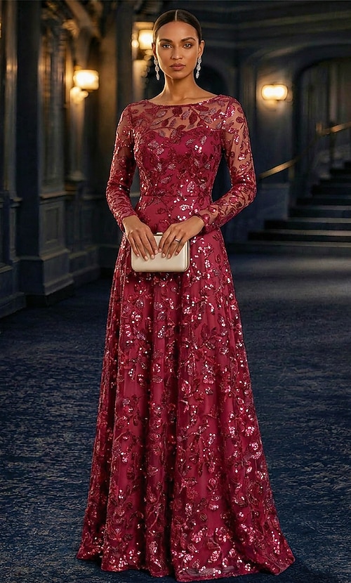 A-Line Dress Floor Length Party Dress Cocktail Dress Mother of the Bride  Dress Long Sleeve Crew Neck Elegant Vintage Luxurious Formal Wedding Guest  Kentucky Derby Chiffon Tulle with Pleats Sequin 2026 -