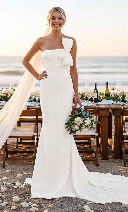 mermaid trumpet satin wedding dress Trumpet Mermaid Off-the-Shoulder Sweep Train Satin Wedding Dress, Diamond White / 12