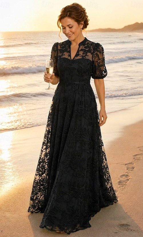 black lace dress nz A-Line Dress Floor Length Lace Dress Mother of the Bride Dress Short Sleeve  V Neck High Neck Elegant Vintage Luxurious Formal Wedding Guest Semi Formal  Lace with Embroidery Appliques 2026