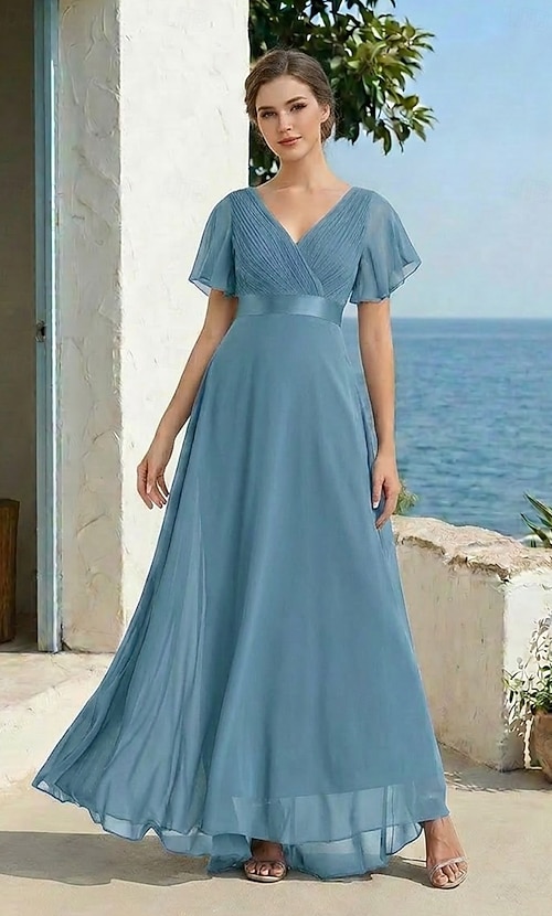 A-Line Ruched Wedding Guest Dress Beach Wedding Elegant Formal Black Tie For Bridesmaid Floor Length Short Sleeve V Neck Chiffon V Back with Ruffles dress to impress 2026