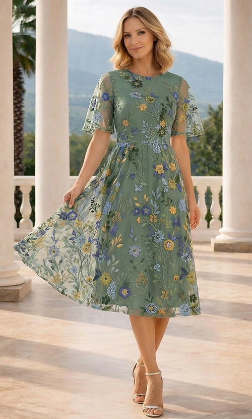 pastel formal dresses with sleeves A-Line Tea Length Shirt Dress Formal Dresses Mother of the Bride Dress  Short Sleeve Crew Neck Elegant Vintage Pastel Formal Chiffon Tulle with  Floral Print Bow(s) Embroidery 2026