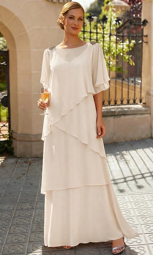 tiered chiffon a line wedding dress Wedtrend Women Ivory Bridal Dress A Line Long Chiffon Wedding Dress With 3D Butterflies Long Sleeves, Ivory / US8