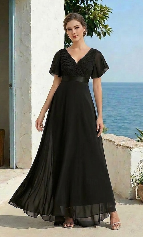 black tie beach wedding guest dress A-Line Ruched Wedding Guest Dress Beach Wedding Elegant Formal Black Tie  For Bridesmaid Floor Length Short Sleeve V Neck Chiffon V Back with Ruffles  dress to impress 2026