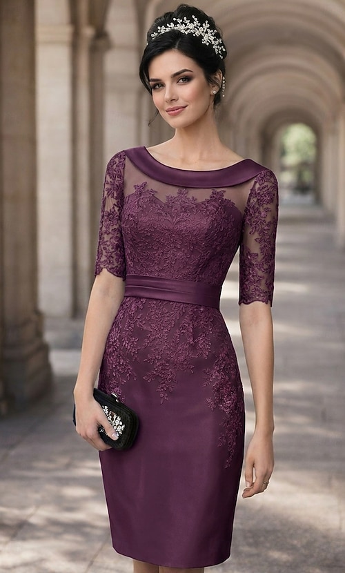 knee length purple lace dress Purple Knee Length Lace Mother Of The Bride Dress With Sleeves Custom Size