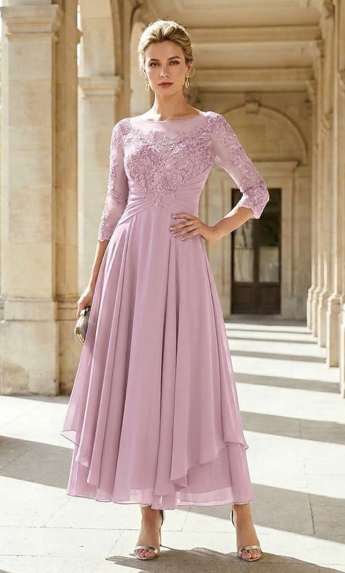 dress for attending wedding party A-Line Ankle Length Party Dress Cocktail Dress Wedding Guest Dress Mother  of the Bride Dress 3/4 Length Sleeve Jewel Neck Elegant Plus Size Wedding  Guest Wedding Party Chiffon Lace with Ruched Sequin