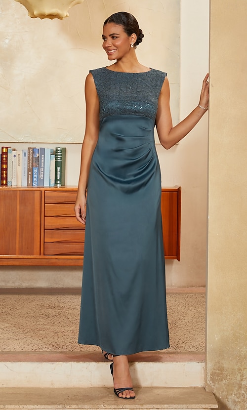Women's A-Line Cocktail Dress Wedding Guest Dress Ankle Length Boat Neck Sleeveless Empire Waist Elegant Vintage Mother Of The Bride Semi Formal with Satin Sequin Lace Glitter Ruched Stretchy Ink Blue 2026