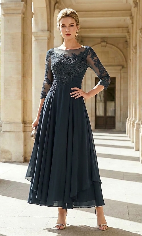 ankle length dress for wedding guest NumberSea-A-Line Mother of the Bride Elegant Scoop Neck Chiffon 3/4 Length Sleeve with Lace Show off your unique style and make a statement at any event Short Sleeves Ankle Length Chiffon