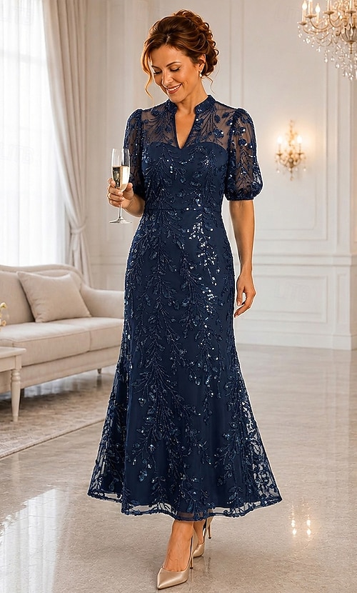 A-Line Dress Ankle Length Mother of the Bride Dress Short Sleeve V Neck Elegant Luxurious Sparkle & Shine Formal Wedding Guest Semi Formal Lace with Beading Sequin 2026