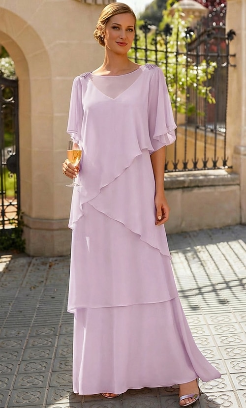 tiered chiffon mother of the bride dresses Lavetir Silver Gray A-Line/Princess Scoop Short Sleeves Tiered Chiffon Mother of the Bride Dresses 2026