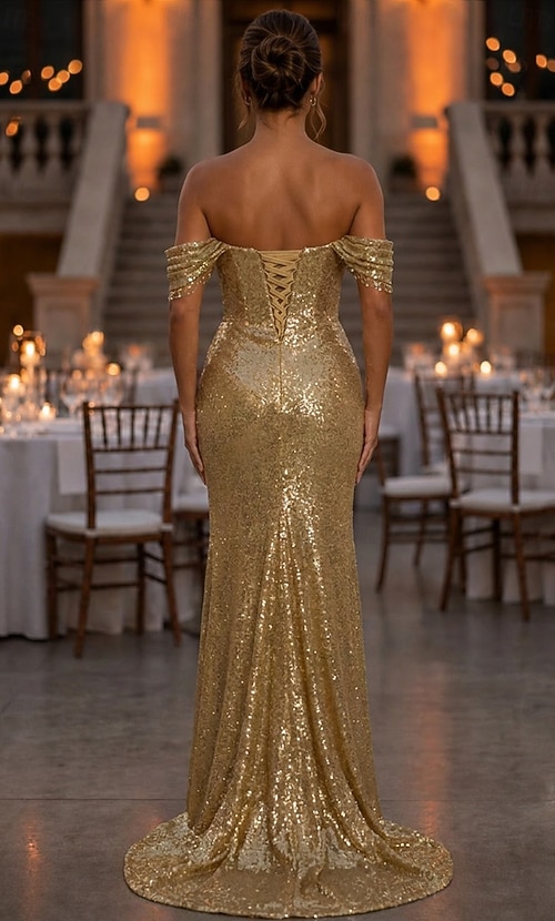 gold trumpet dress Mermaid Floor Length Prom Dresses Evening Gown Ball Gown Formal Vintage Glittering Black Dress Sleeveless Strapless Prom Formal Sequined with Glitter Sequin 2026 champagne dress color