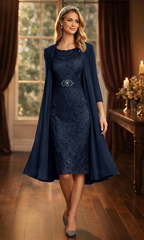 knee length wedding guest dresses with sleeves Dress Sets Knee Length Wedding Guest Dress Mother of the Bride Dress Long  Sleeve Crew Neck Elegant Simple Wedding Guest with Solid Color 2026