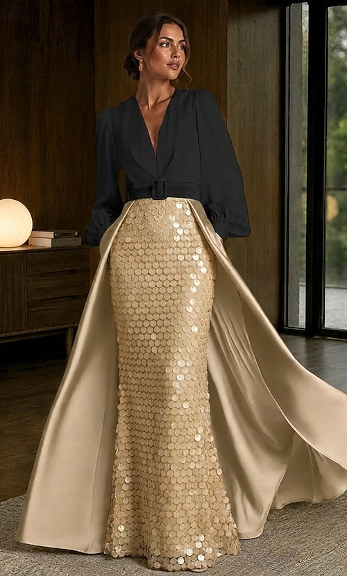 champagne celebrity dresses Mermaid Trumpet Floor Length Evening Gown Ball Gown with Overskirt Formal Dress Elegant Style Long Sleeve V Neck Wedding Formal Satin with Sequin Color Block 2026 Wedding dress Color:Ivory/Clear Size 17.5 Azazie Anaya Abstract Bouquet red carpet appearances